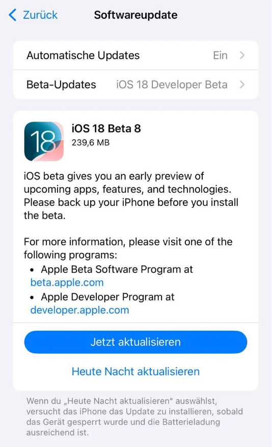 北川苹果手机维修分享苹果 iOS / iPadOS 18 开发者预览版 Beta 8 发布 